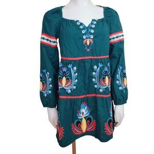 Anthropologie Let Me Be Embroidered Tunic Dress size XXS Dark Green Tropical